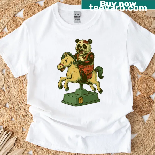 Cartoon zombie panda riding a horse in a fun graphic