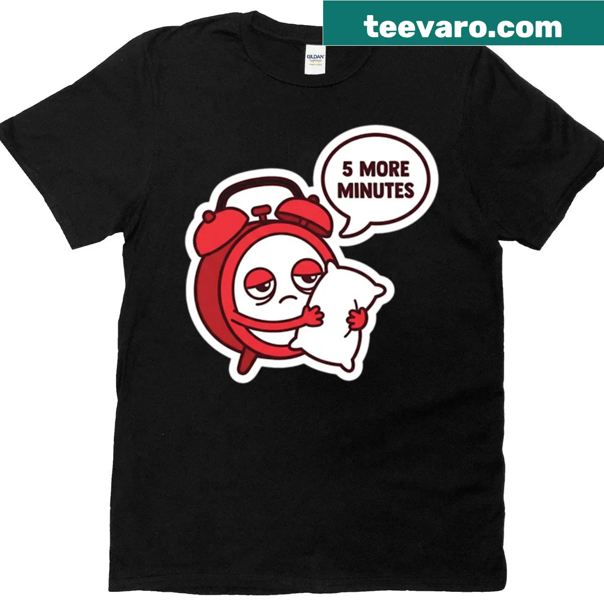 Funny T-shirt with 5 More Minutes alarm clock graphic — on a men's t-shirt