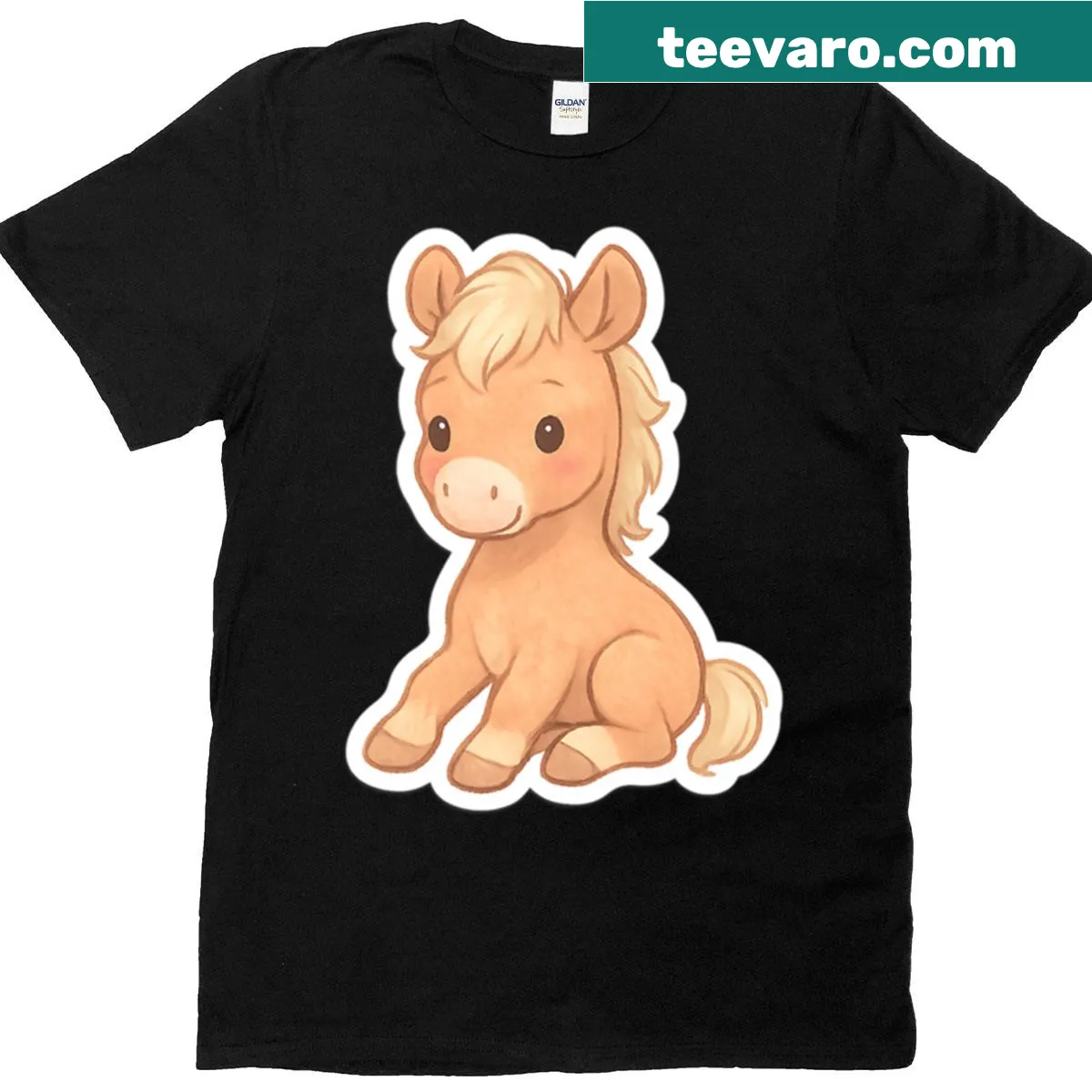 Cute T-shirt featuring a horse foal sticker design — on a men's t-shirt