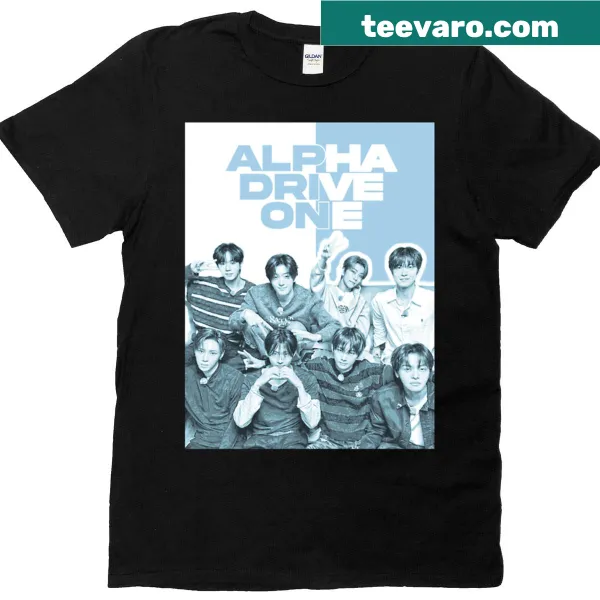 Minimalist T-shirt with bold typography 'Alpha Drive One'