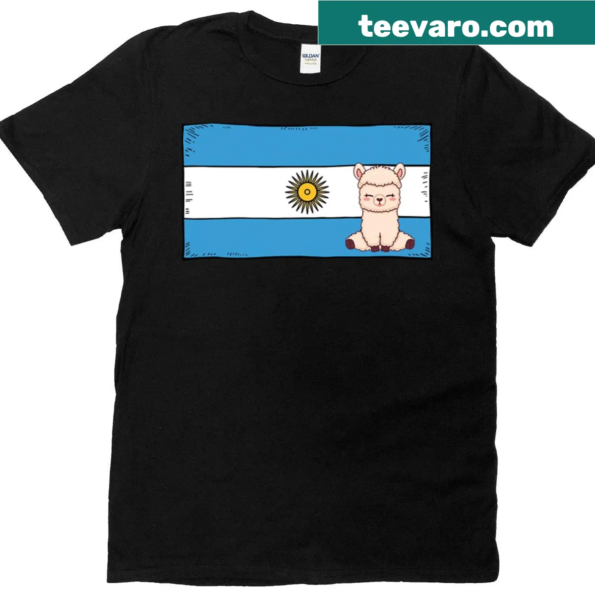 Whimsical llama design representing Argentina on a t-shirt — on a men's t-shirt