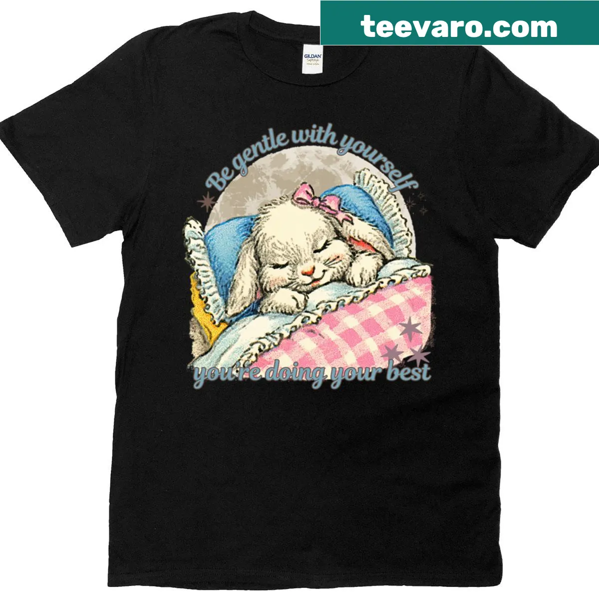 Wholesome T-shirt with a sleeping puppy illustration and comforting message — on a men's t-shirt