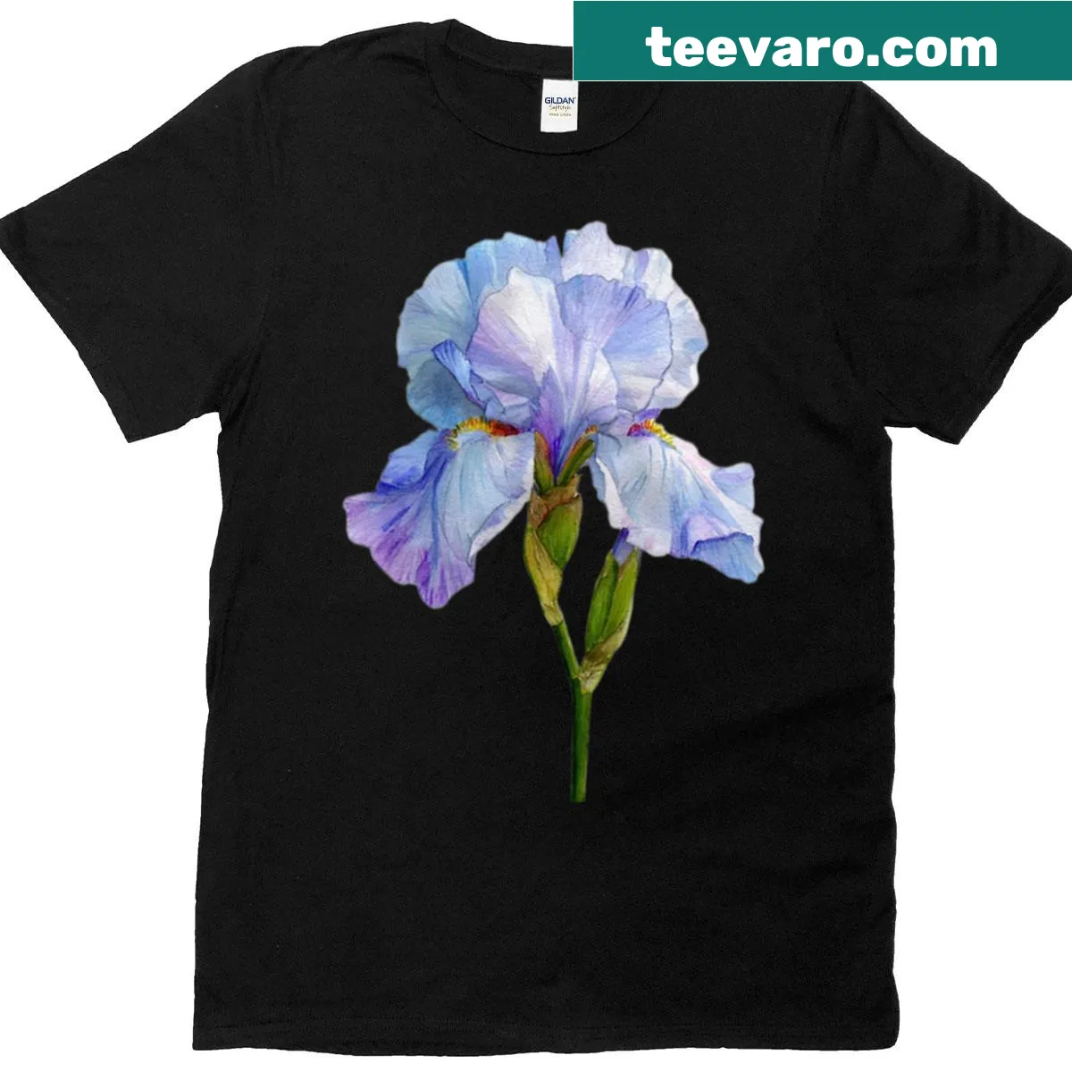 Watercolor T-shirt featuring a blue iris blossom — on a men's t-shirt