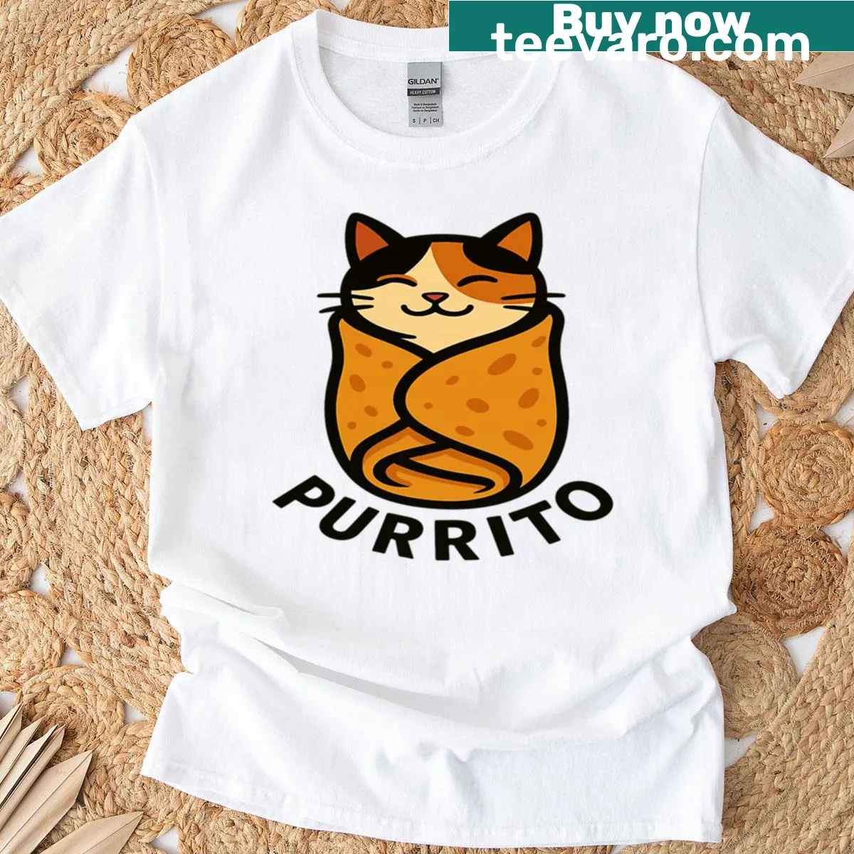 Cute graphic T-shirt featuring a calico cat wrapped like a burrito — on a men's t-shirt