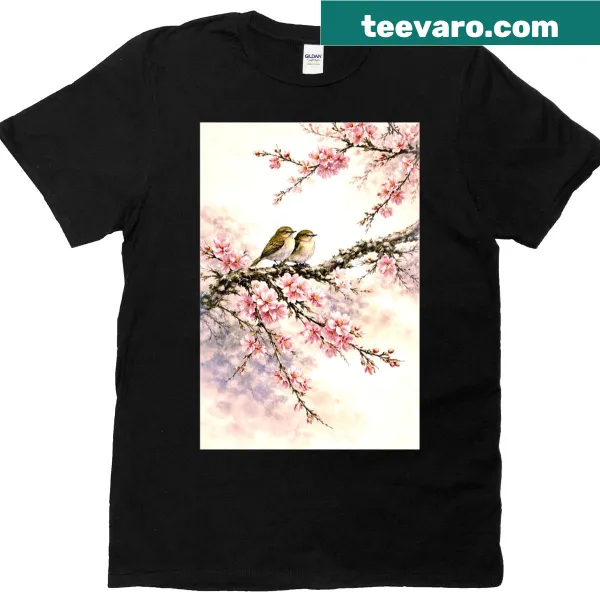 Ink painting of sparrows in cherry blossoms on a t-shirt