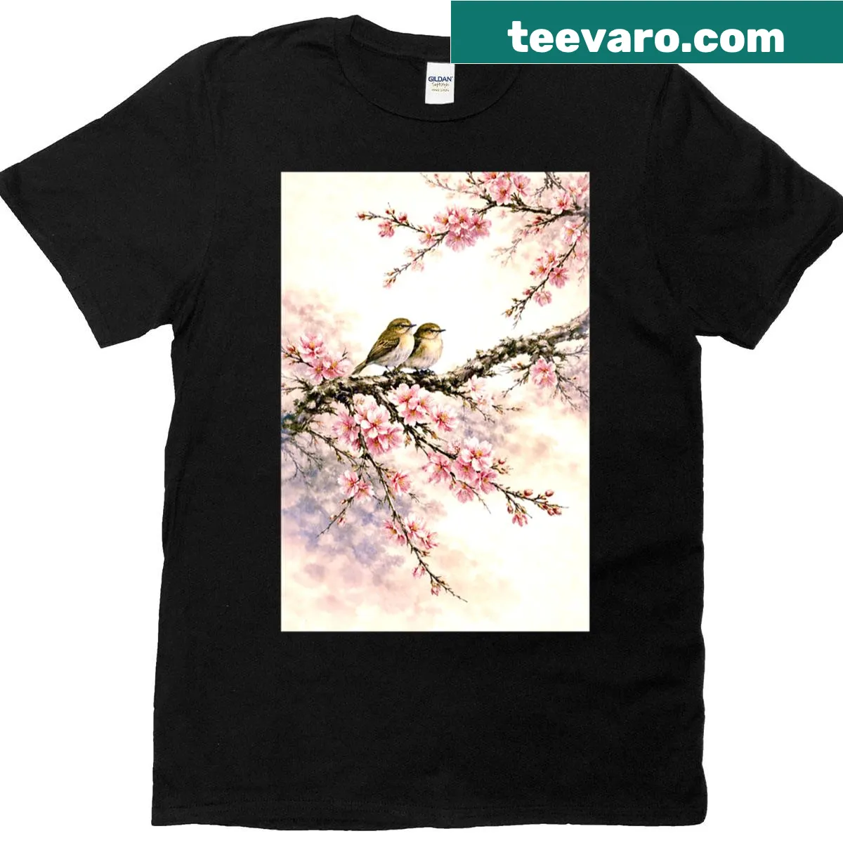 Ink painting of sparrows in cherry blossoms on a t-shirt — on a men's t-shirt