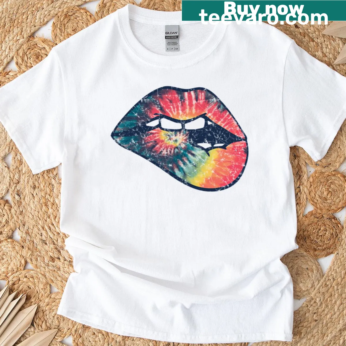 Graphic T-shirt featuring biting lips in a retro style — on a men's t-shirt