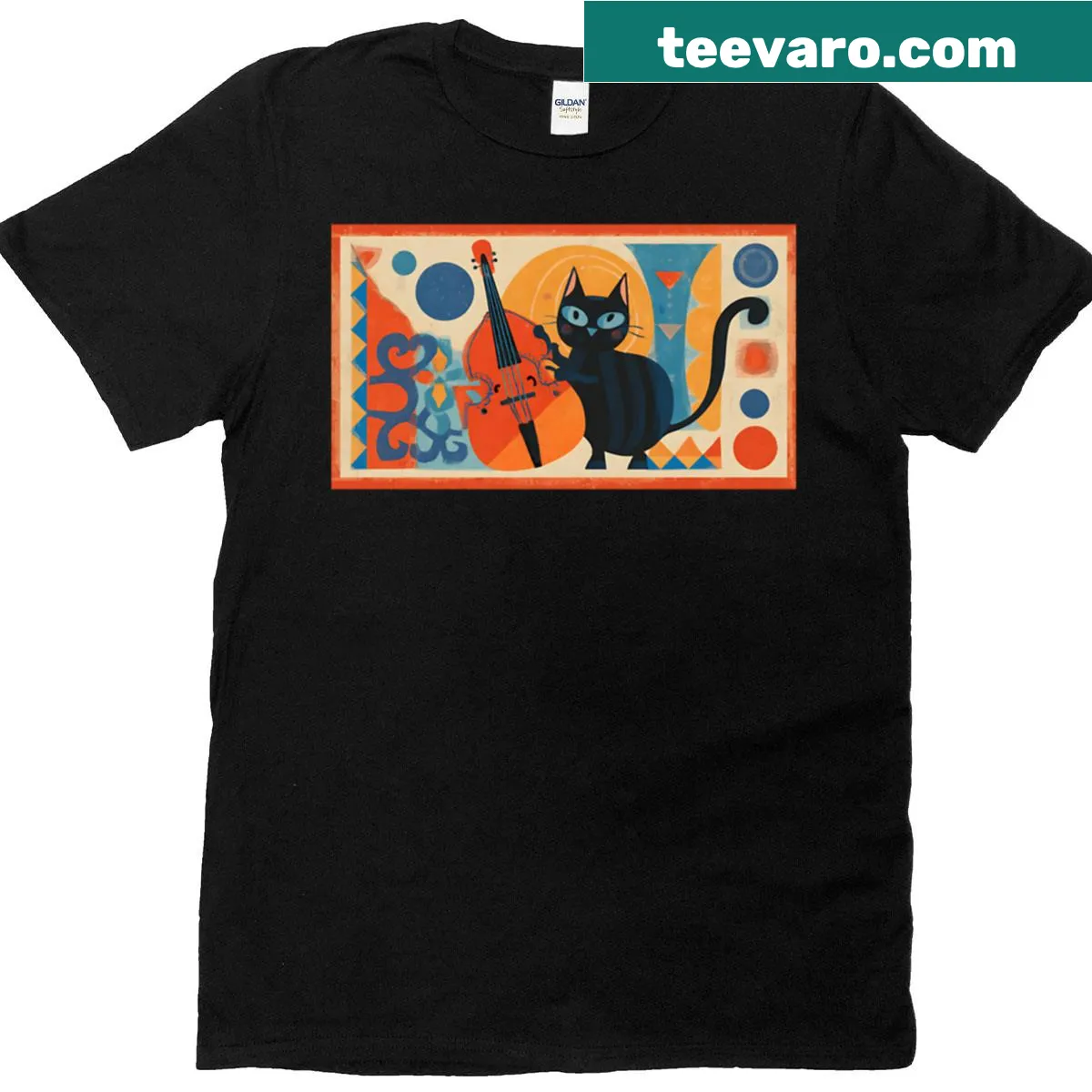 Vintage T-shirt featuring a black cat and contrabass graphic — on a men's t-shirt