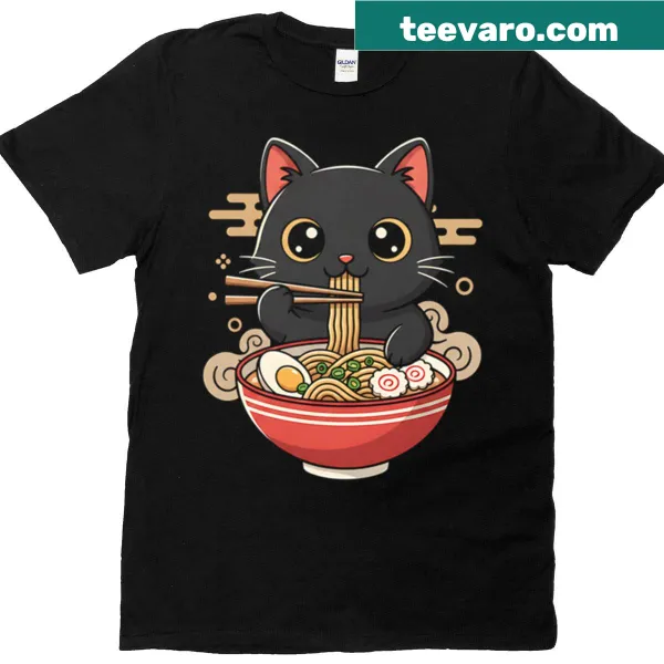 Kawaii cat graphic eating ramen on T-shirt