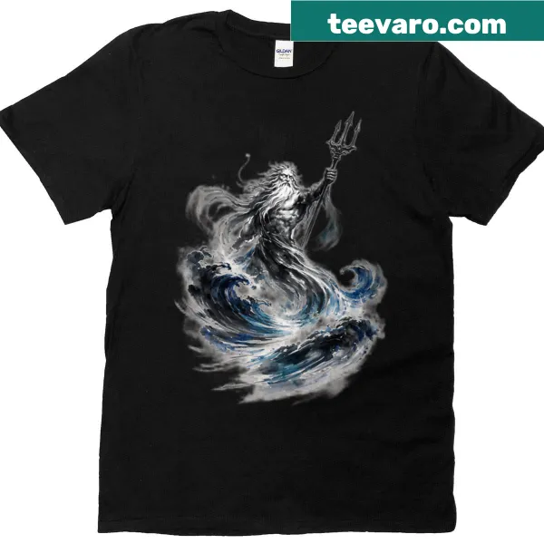Sumi-e style illustration of Zeus on a minimalistic t-shirt