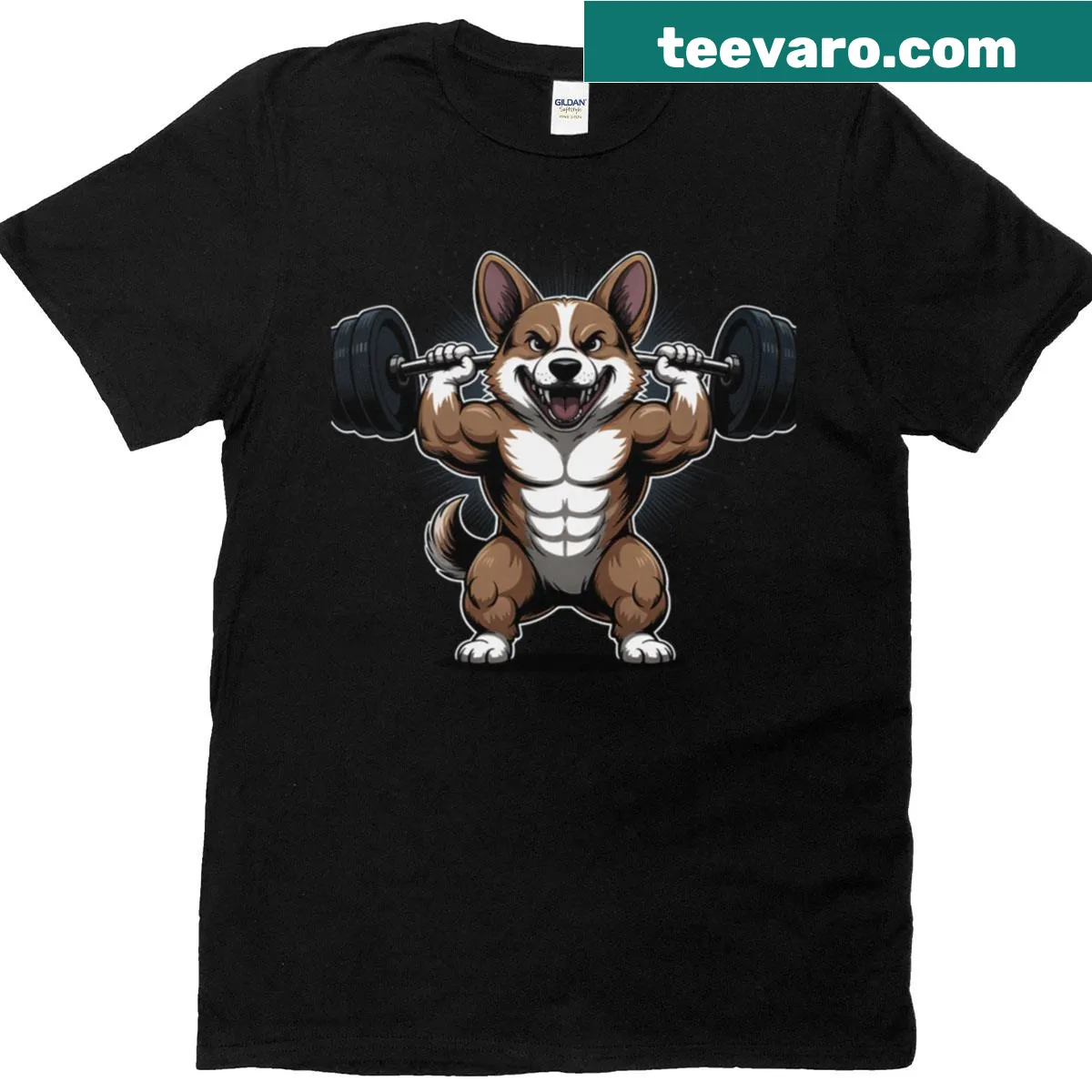 Illustration of a corgi lifting weights on a gym-themed t-shirt — on a men's t-shirt