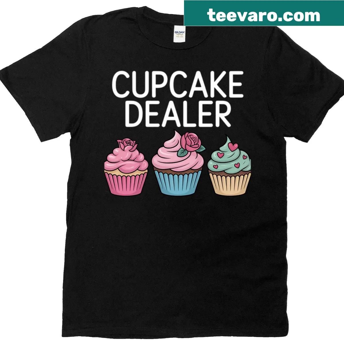 Funny T-shirt with 'Cupcake Dealer' and baking illustrations — on a men's t-shirt