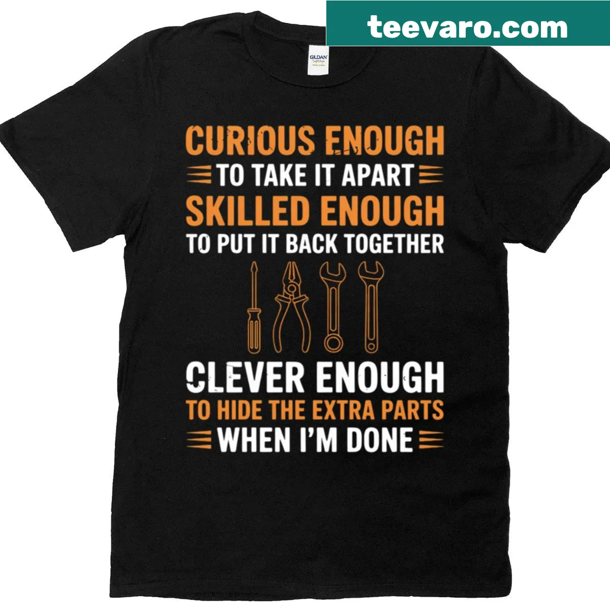 Mechanic-themed T-shirt with 'Curious Enough To Take It Apart' text. — on a men's t-shirt