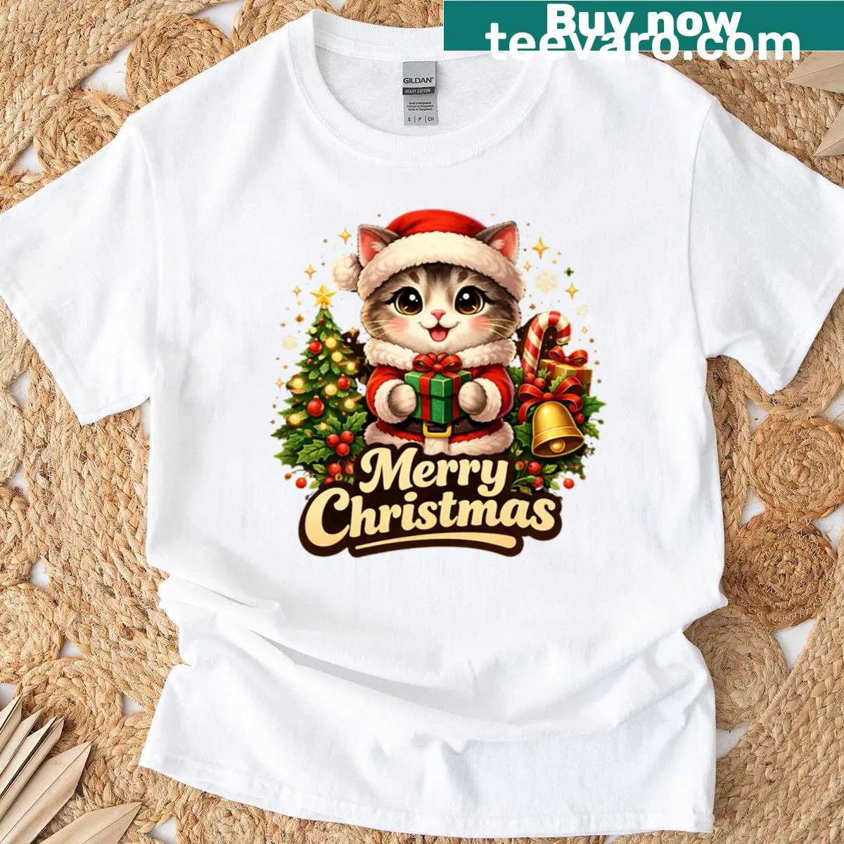 Christmas T-shirt with cute kitten illustration in Santa outfit — on a men's t-shirt
