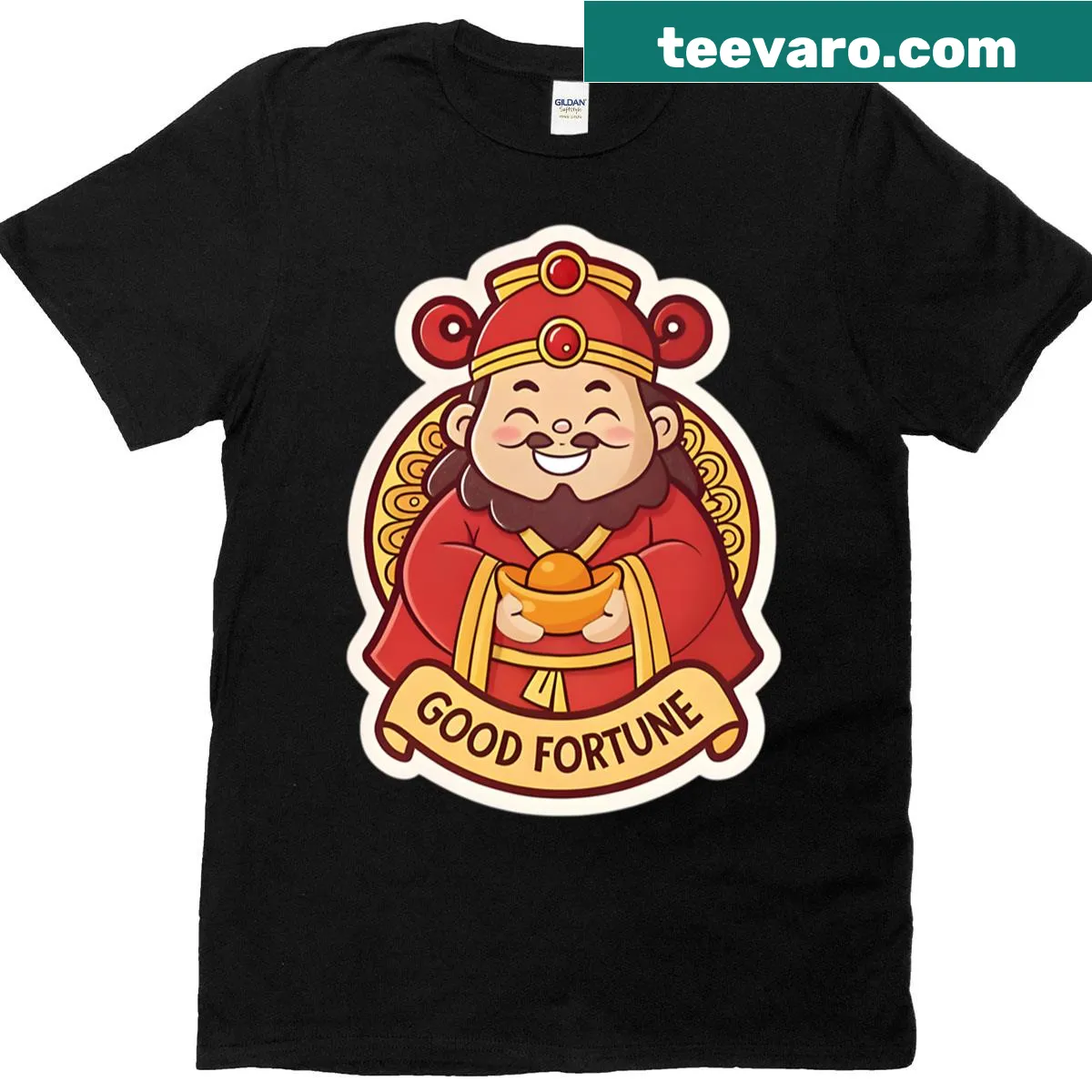 Illustration of the God of Wealth holding gold on a T-shirt — on a men's t-shirt