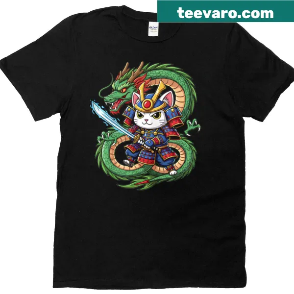 Cartoon cat and dragon duel design on a T-shirt