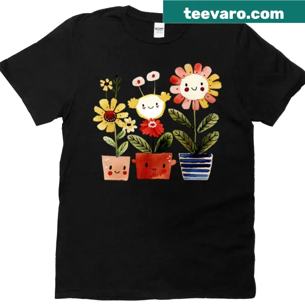 T-shirt with cute smiling flower pots illustration