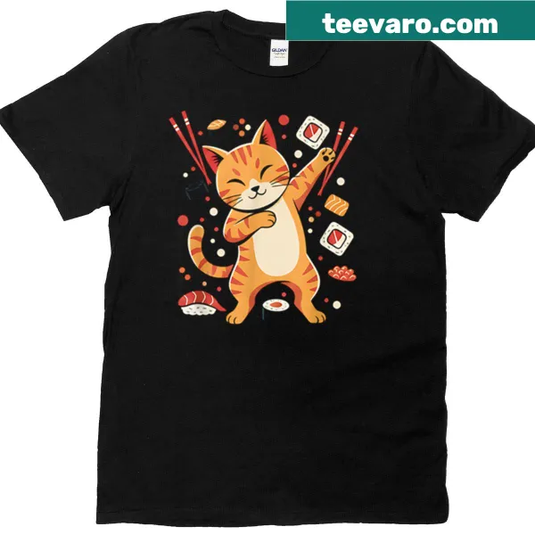 Retro sushi cat graphic on T-shirt