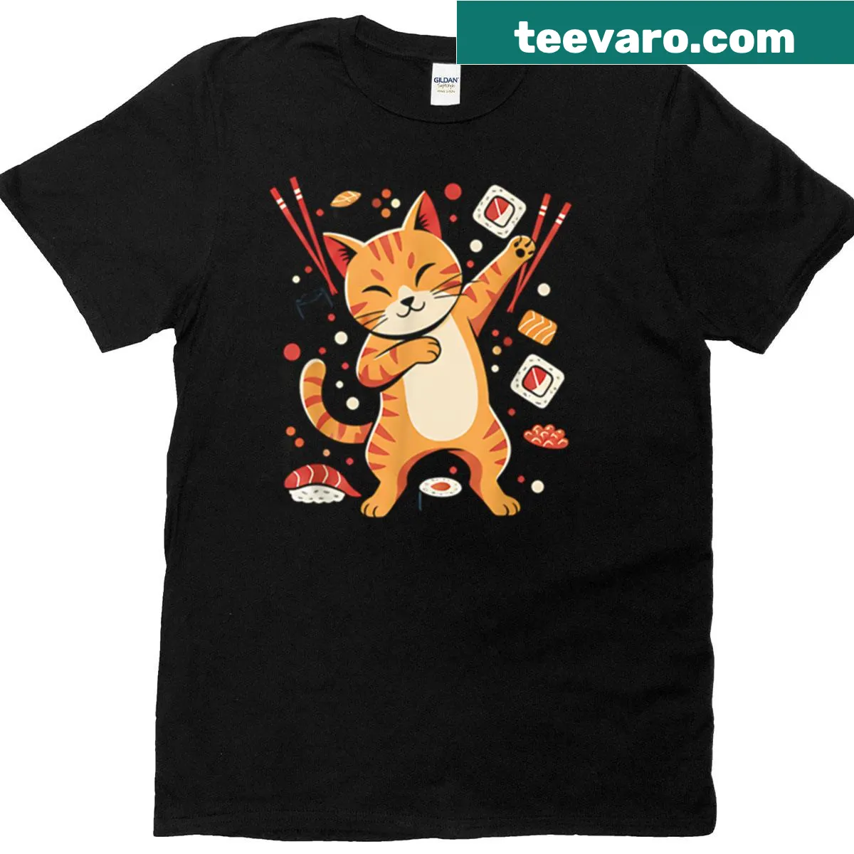 Retro sushi cat graphic on T-shirt — on a men's t-shirt