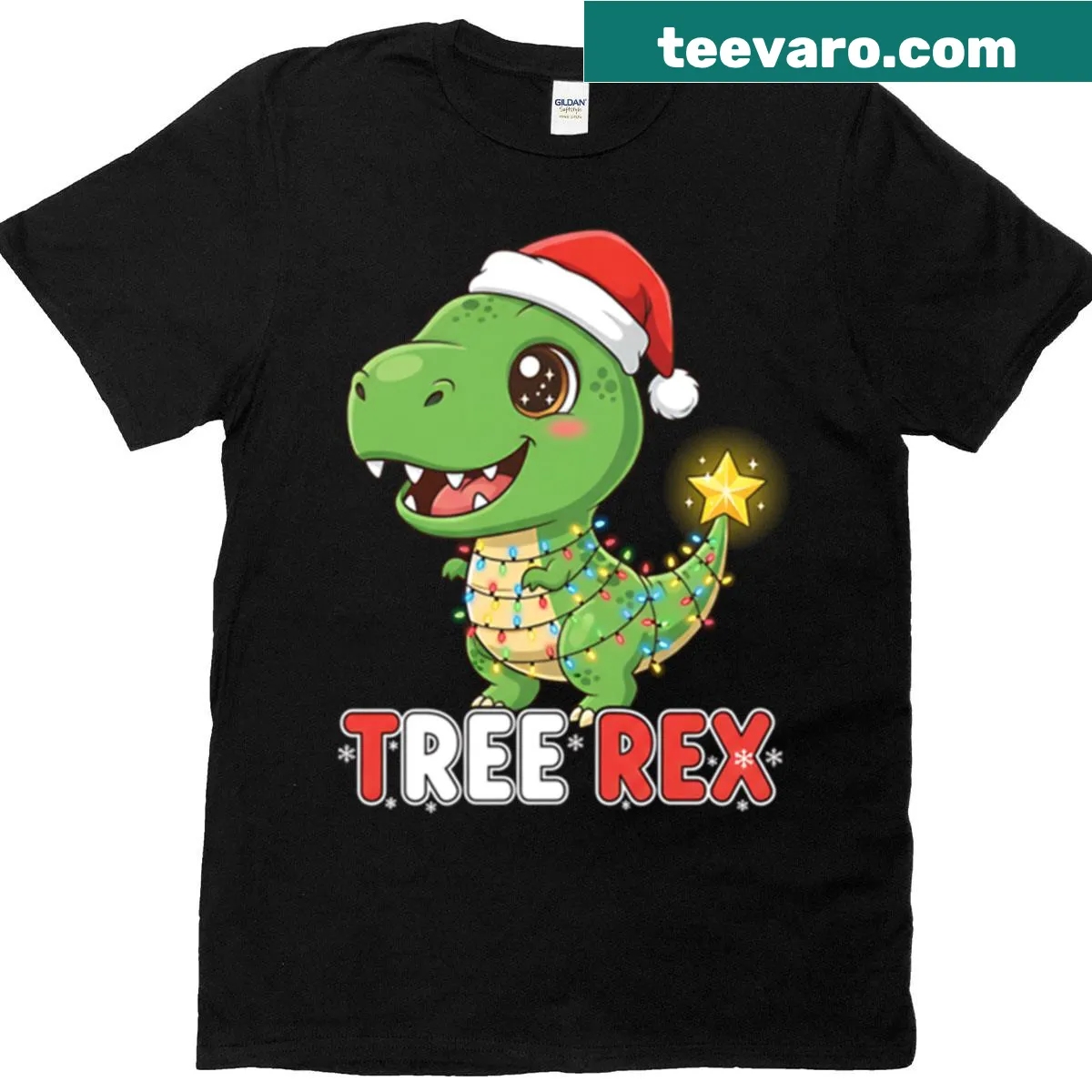 Christmas T-shirt featuring a cute dinosaur in festive attire — on a men's t-shirt