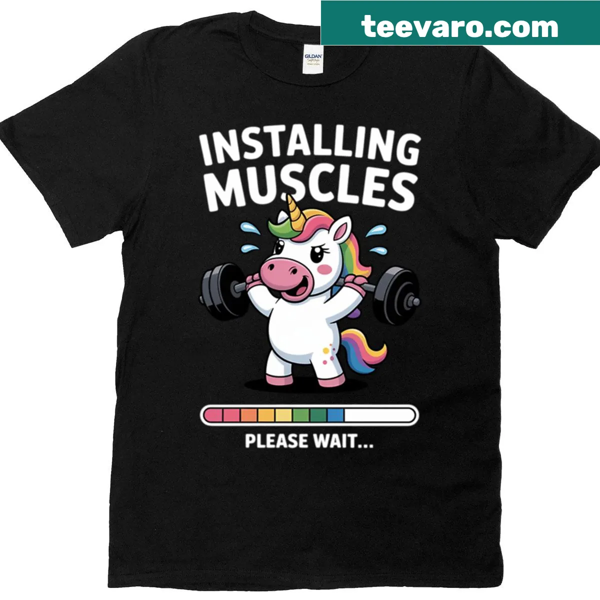Cute unicorn lifting weights graphic on a workout T-shirt — on a men's t-shirt