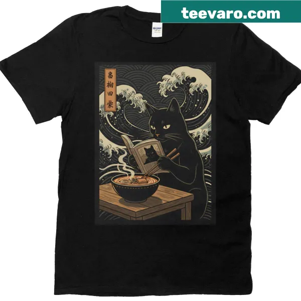 T-shirt featuring a cyberpunk cat samurai illustration