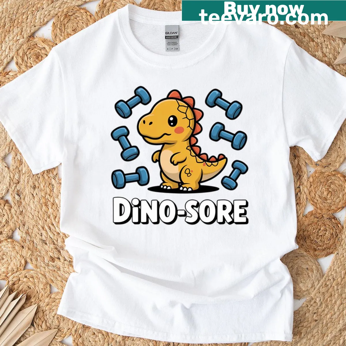 Cute dinosaur lifting weights graphic on a T-shirt — on a men's t-shirt