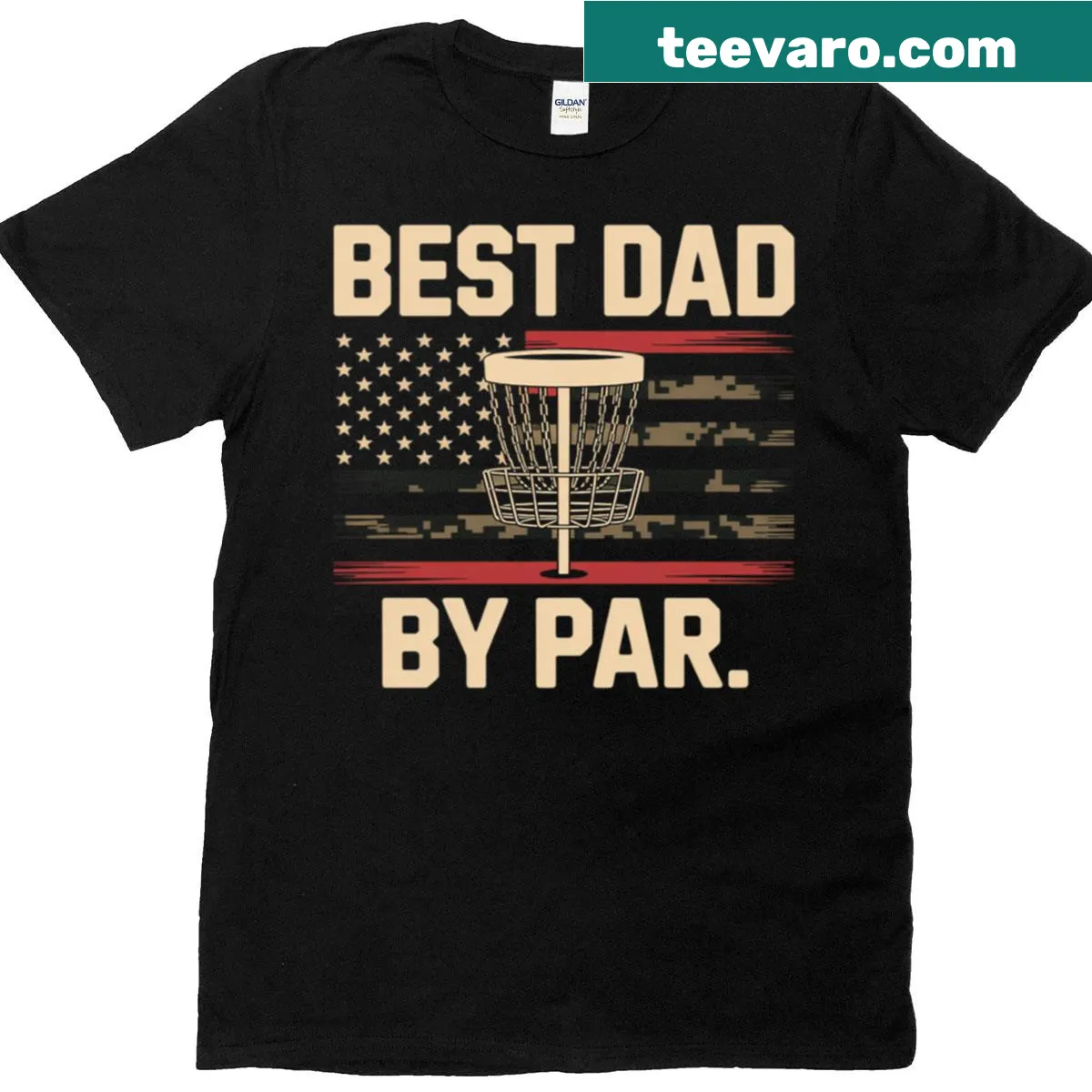 Disc golf themed T-shirt featuring camo and US flag design for dads — on a men's t-shirt