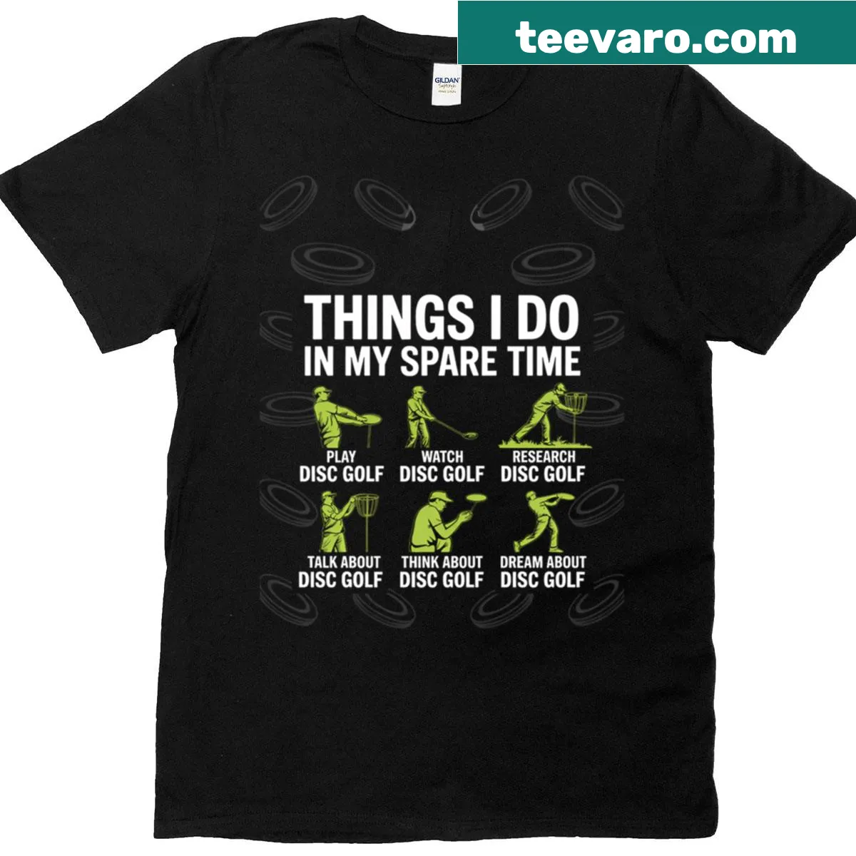 Funny typography disc golf graphic t-shirt listing spare time activities — on a men's t-shirt