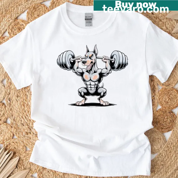 Doberman weightlifting graphic illustrating strength on a T-shirt