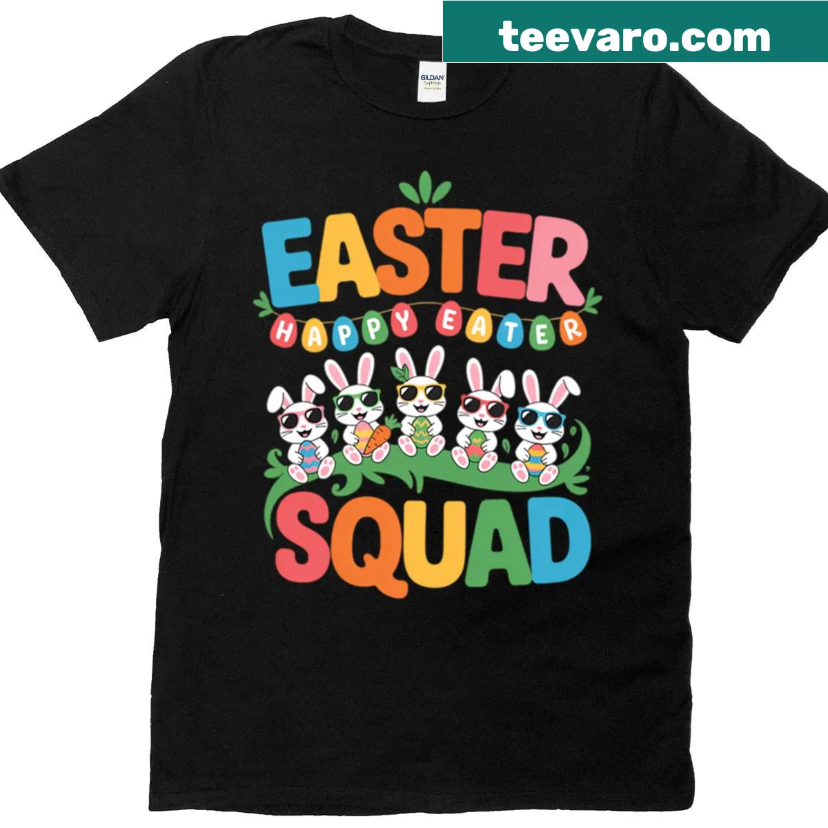 Illustrated happy Easter bunny rabbits on a festive t-shirt — on a men's t-shirt