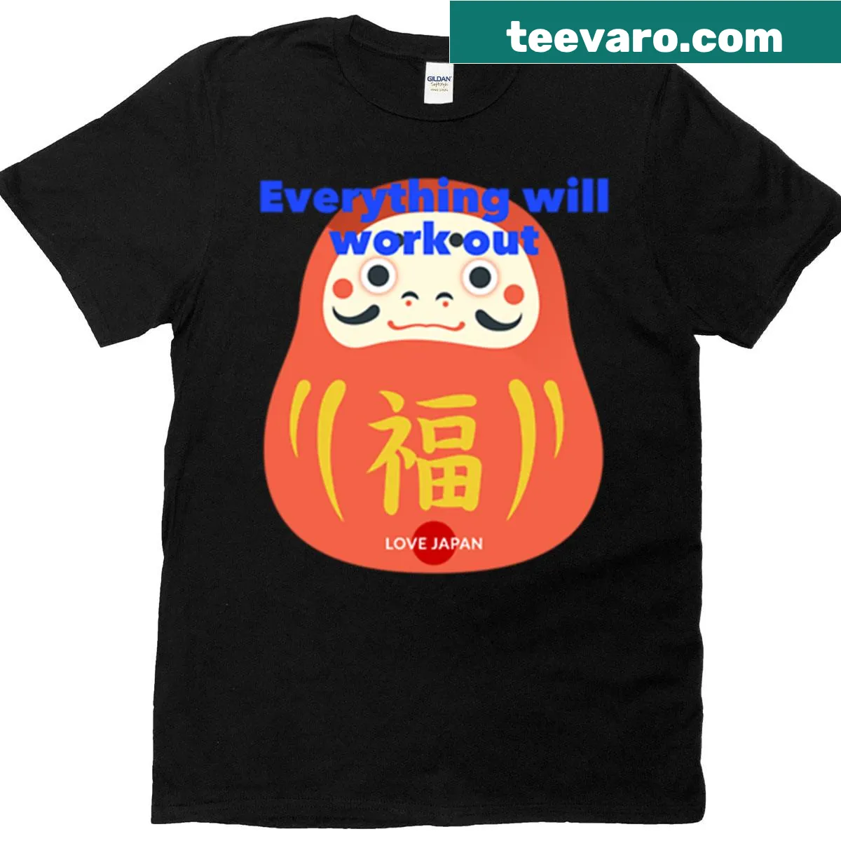 Inspirational Daruma doll graphic with the phrase 'Everything Will Work Out' — on a men's t-shirt