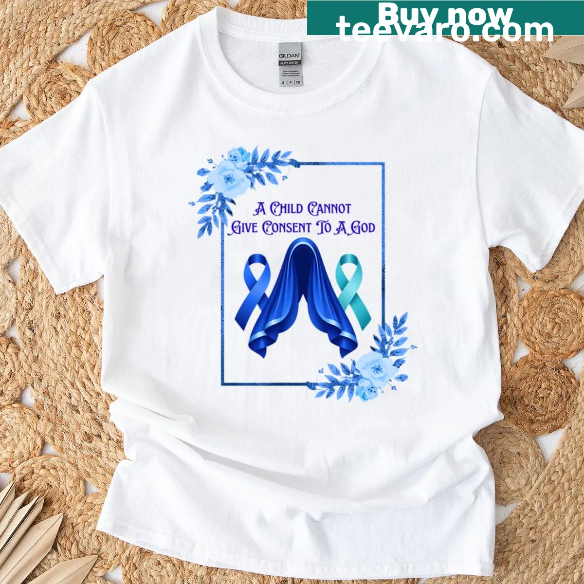 T-shirt featuring Feminist Mary and awareness ribbons for survivors — on a men's t-shirt