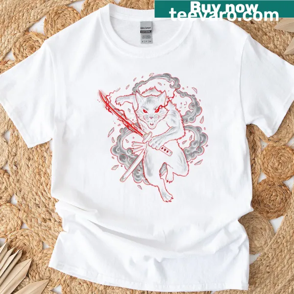 Illustrated Feral Ninja Cat t-shirt with blade design