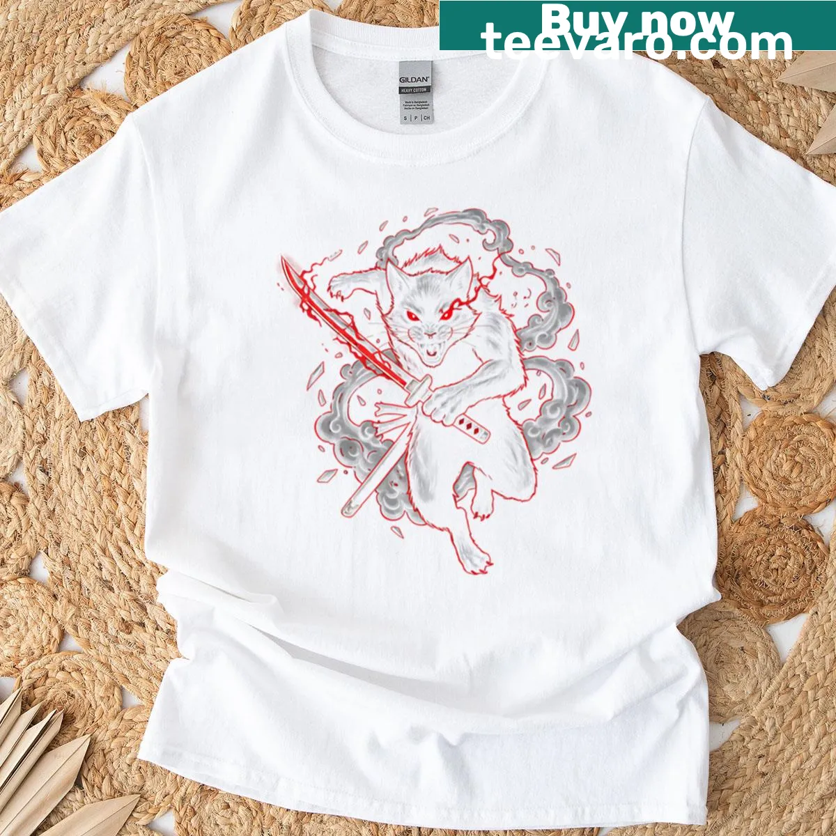 Illustrated Feral Ninja Cat t-shirt with blade design — on a men's t-shirt