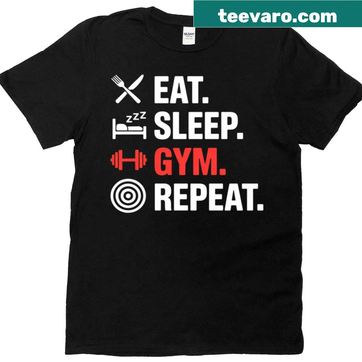 Eat Sleep Gym Repeat motivational typography T-shirt — on a men's t-shirt