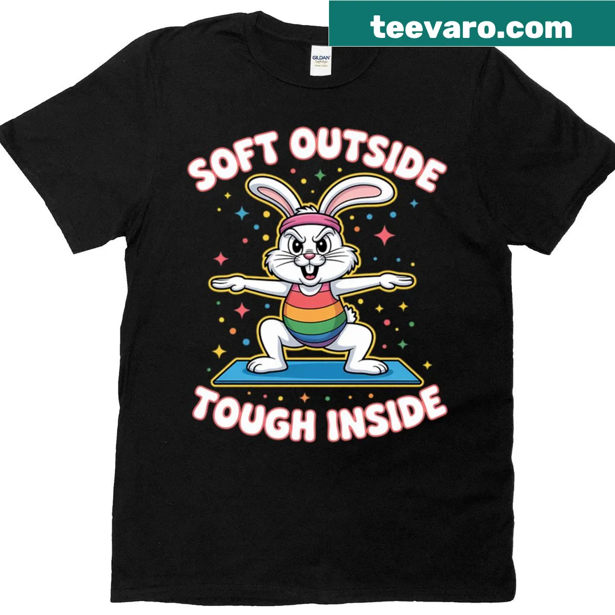 Cute cartoon bunny graphic for a workout motivation T-shirt — on a men's t-shirt