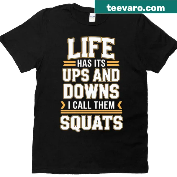 Motivational gym t-shirt featuring weights and squat graphics