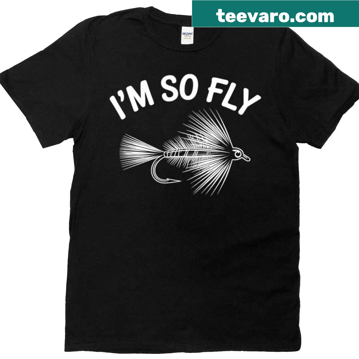 Humorous I'm So Fly text on a T-shirt for fishing lovers — on a men's t-shirt