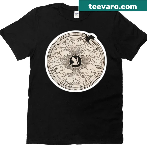 Illustration of a dragon sigil with the quote 'Fly Or Die' on a t-shirt