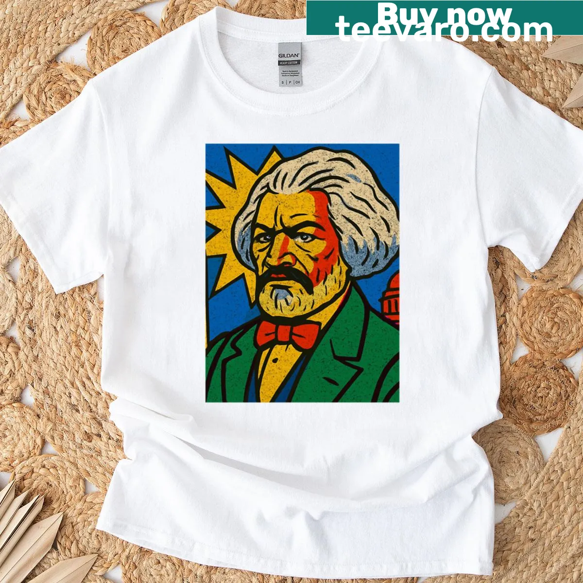 T-shirt featuring an illustration of Frederick Douglass — on a men's t-shirt
