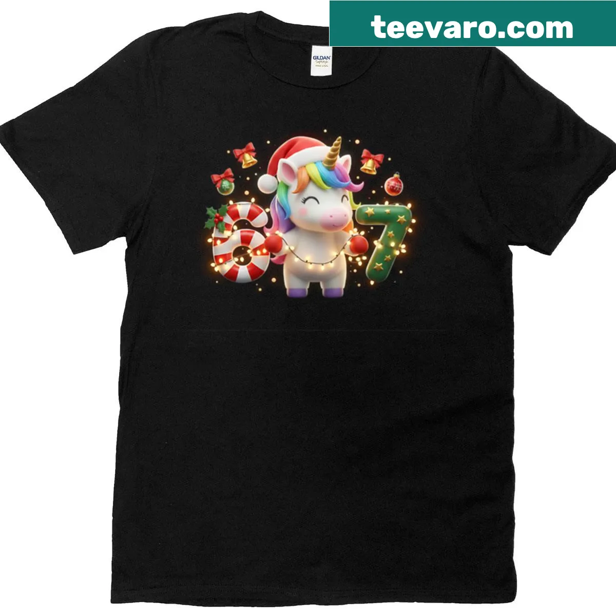 Christmas-themed t-shirt featuring a unicorn tangled in lights with humorous design. — on a men's t-shirt