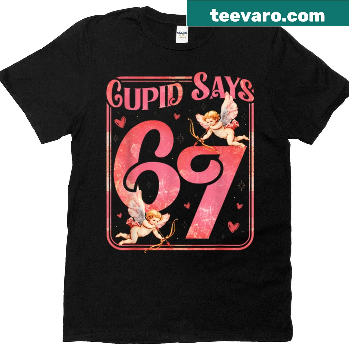 Valentine-themed t-shirt with humorous text about Cupid and matching couples. — on a men's t-shirt