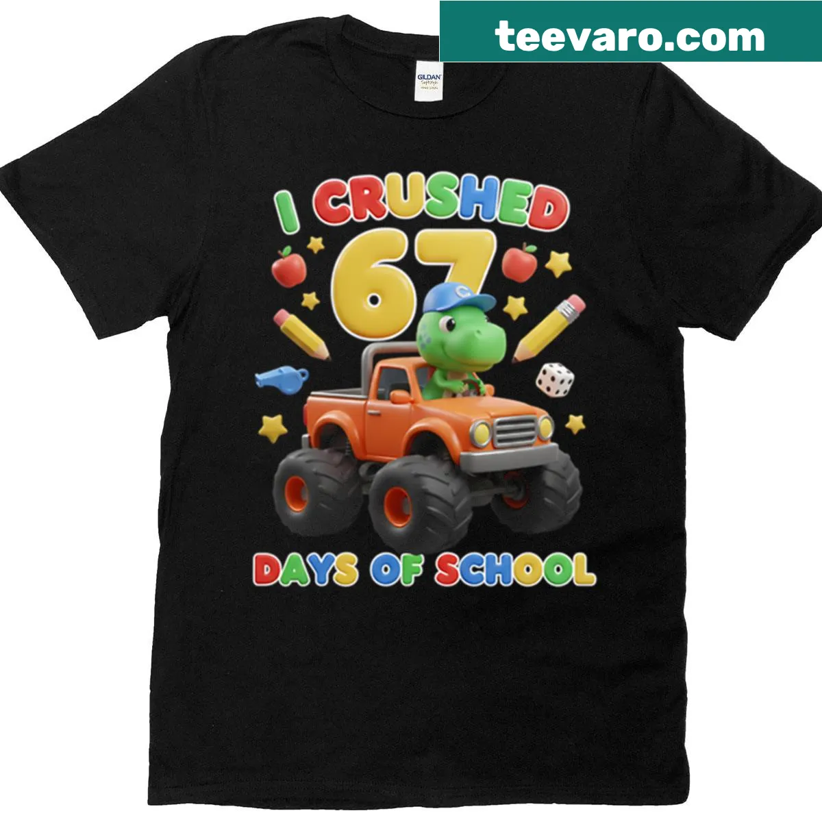 Dinosaur driving a truck with 'Champion' text for kids T-shirt — on a men's t-shirt