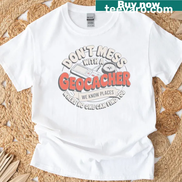 T-shirt celebrating geocaching with treasure hunt graphics