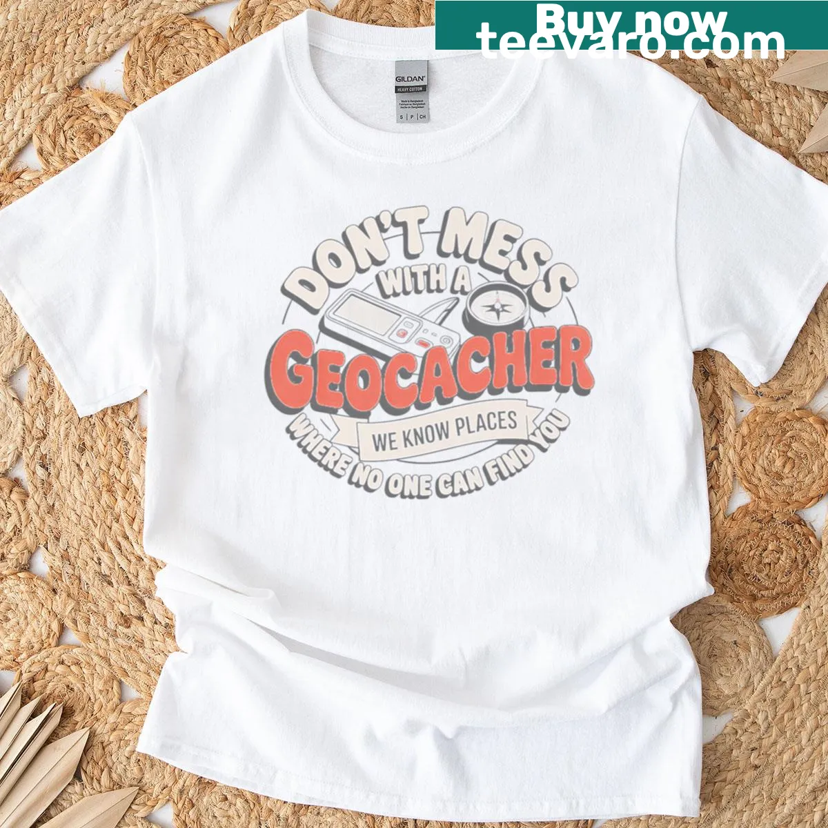 T-shirt celebrating geocaching with treasure hunt graphics — on a men's t-shirt