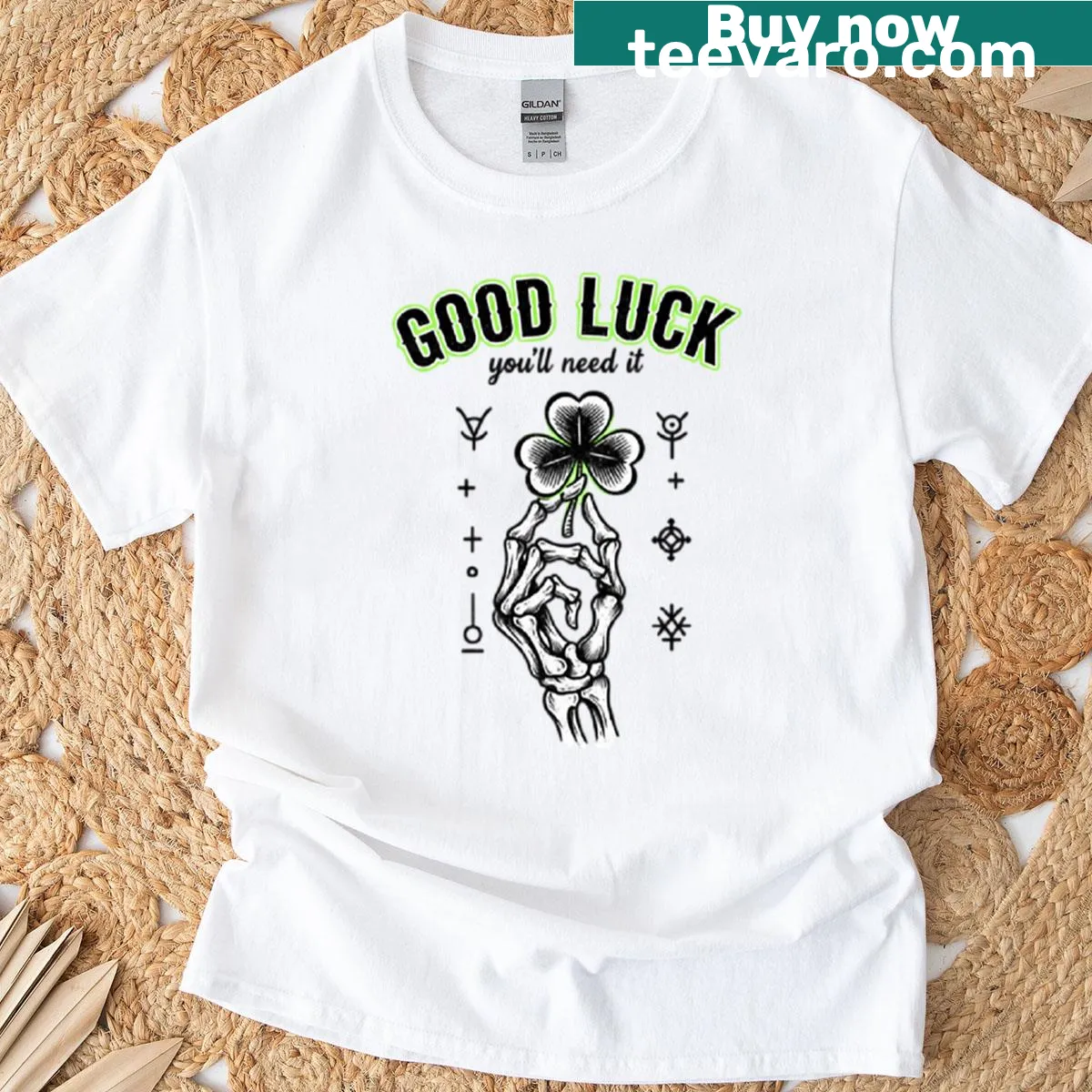 T-shirt featuring a lucky horseshoe symbol for good energy — on a men's t-shirt