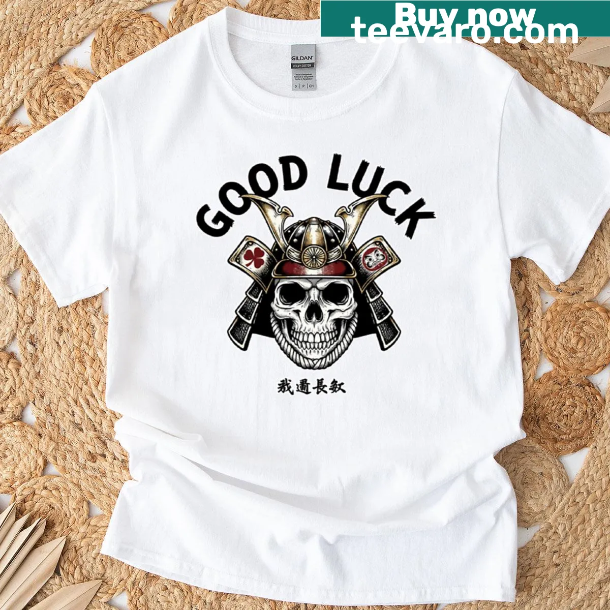 T-shirt featuring a samurai warrior design with the phrase 'Good Luck' — on a men's t-shirt