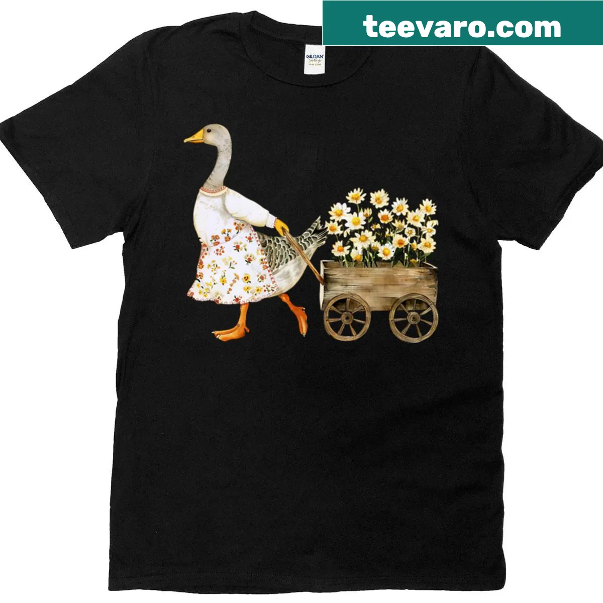 Illustration of a goose with flowers on a cart in a playful style — on a men's t-shirt