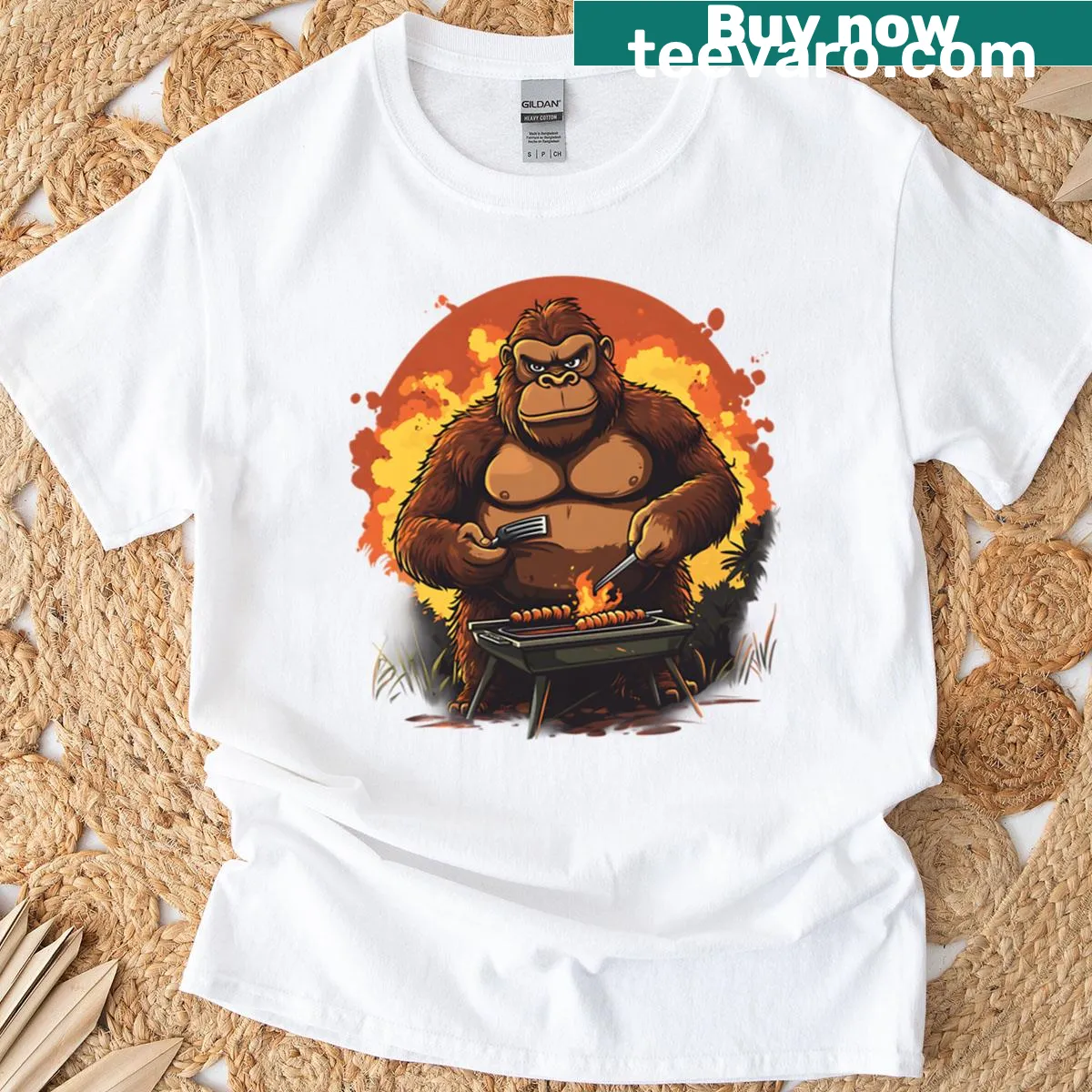 Funny gorilla graphic on barbecuing t-shirt — on a men's t-shirt